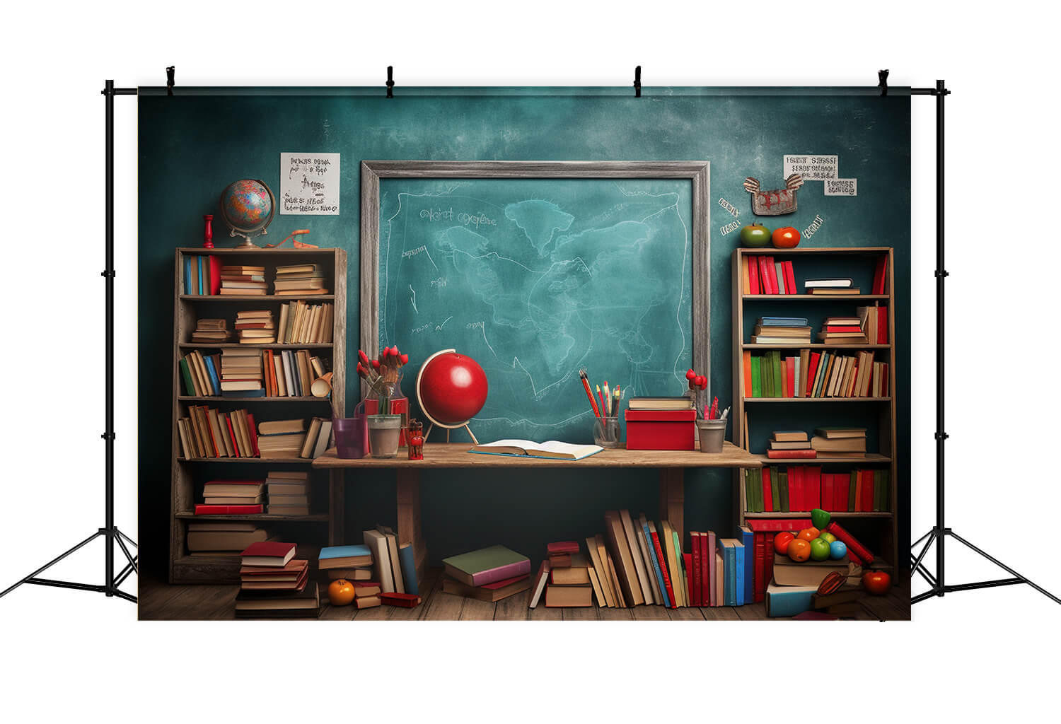 Back to School Chalkboard Bookshelf Globe Backdrop UK DBD7-87