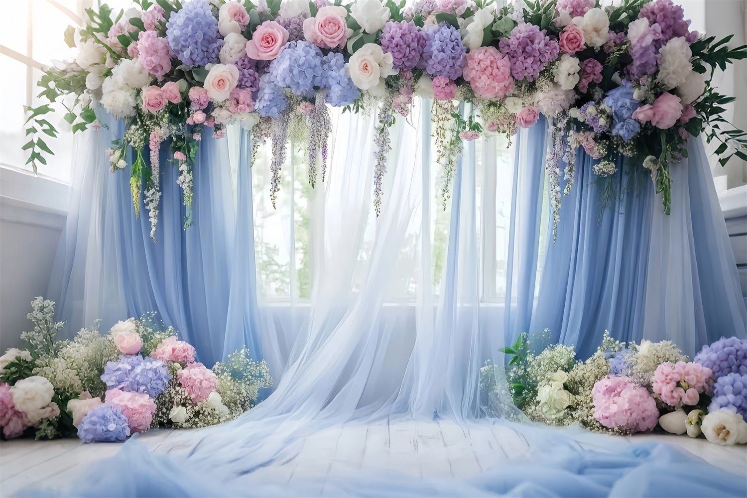 Mother's Day Backdrops Blue Floral Window Drapery Backdrop UK GQ2-113