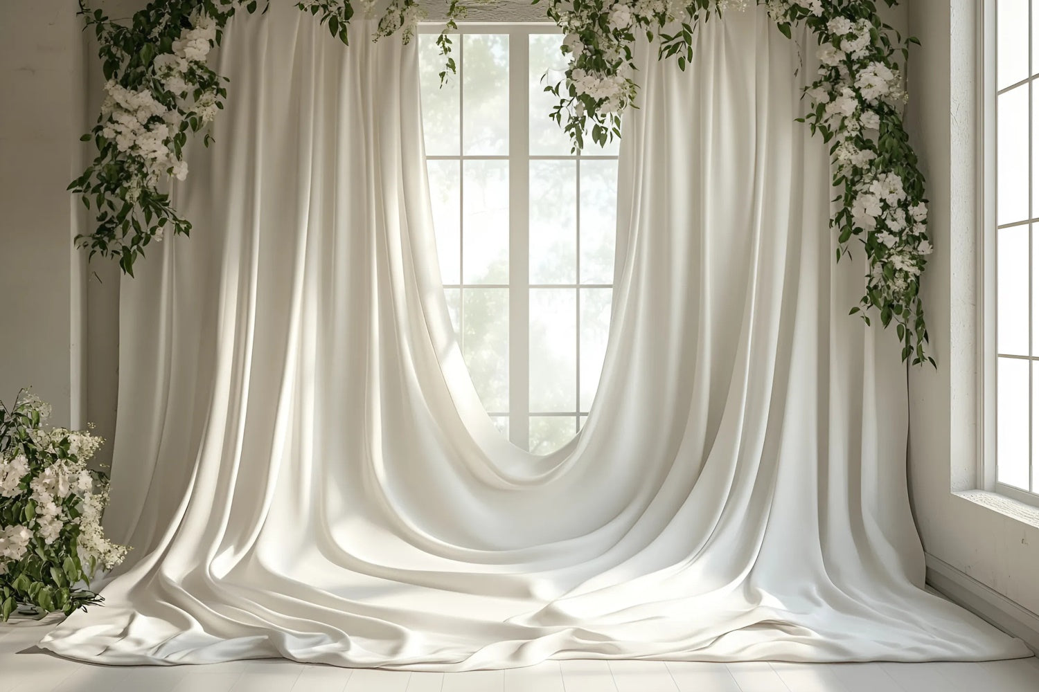 Mothers Day Photo Backdrop Soft Greenery White Drapery Backdrop UK GQ2-115