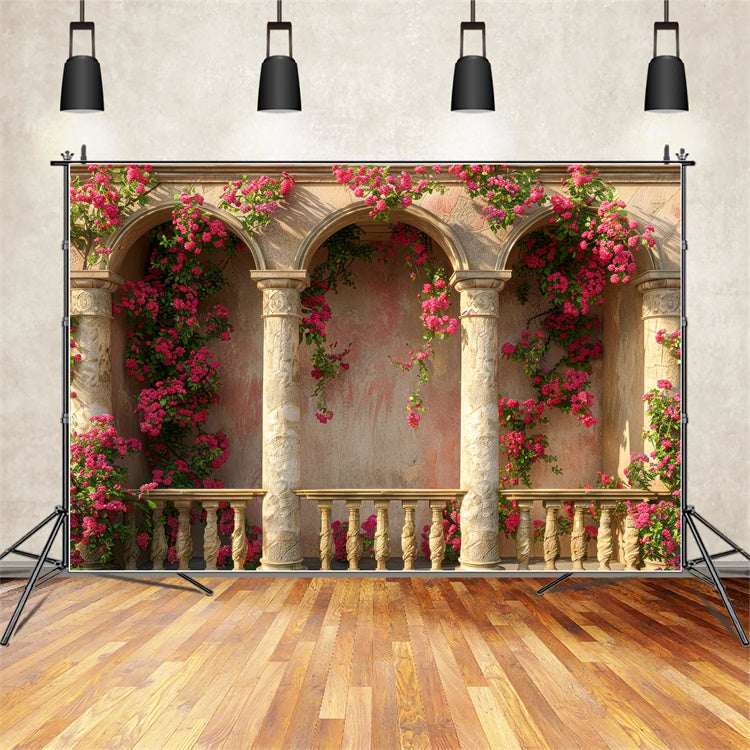 Backdrops For Mothers Day Pink Floral Stone Columns Backdrop UK GQ2-153