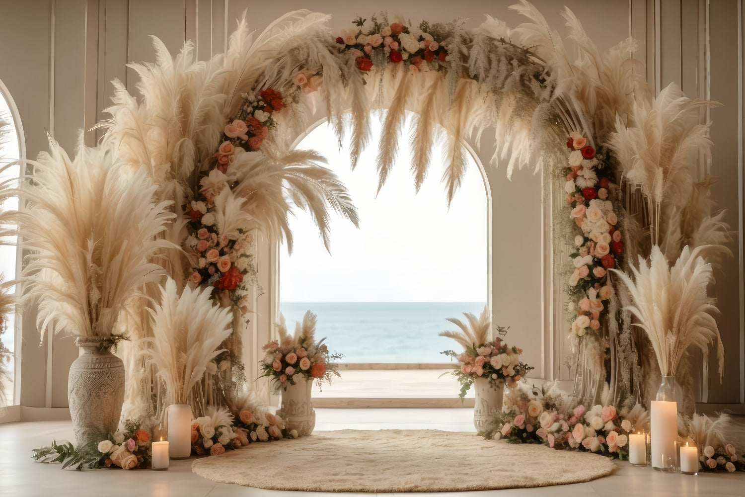 Boho Arch Backdrop Elegant Pampas Rose Arch Backdrop UK GQ2-16