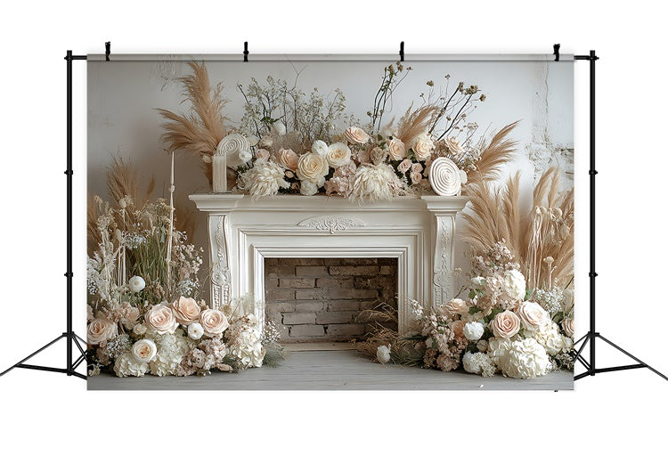 Backdrops For Mother's Day Vintage Fireplace Beige Rose Backdrop UK GQ2-195