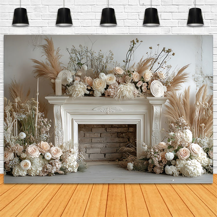 Backdrops For Mother's Day Vintage Fireplace Beige Rose Backdrop UK GQ2-195