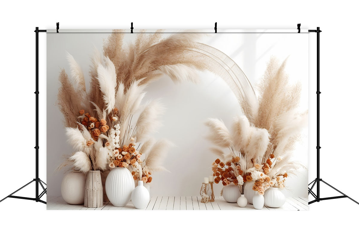 Boho Arch Backdrop Soft Tan Floral White Vases Backdrop UK GQ2-2