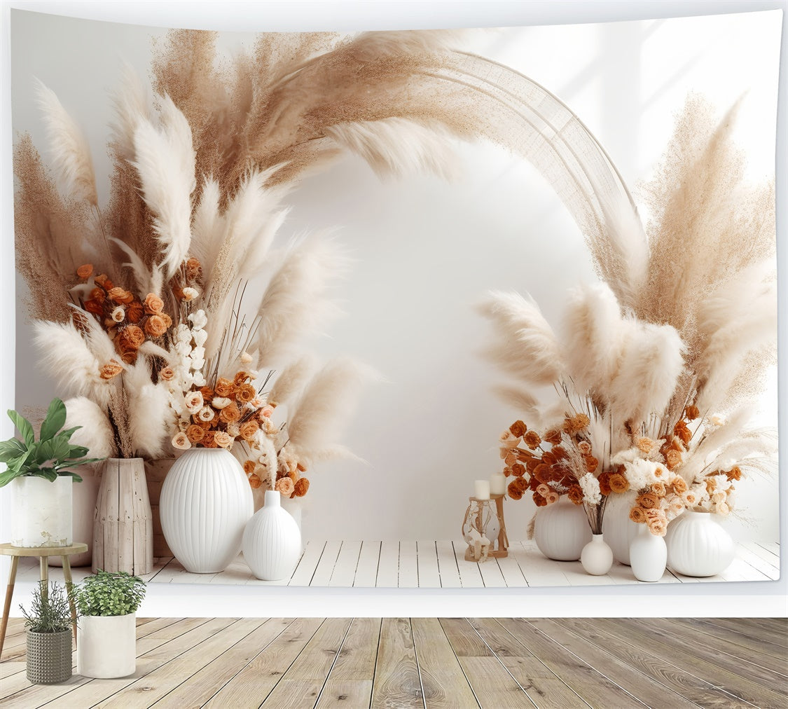 Boho Arch Backdrop Soft Tan Floral White Vases Backdrop UK GQ2-2