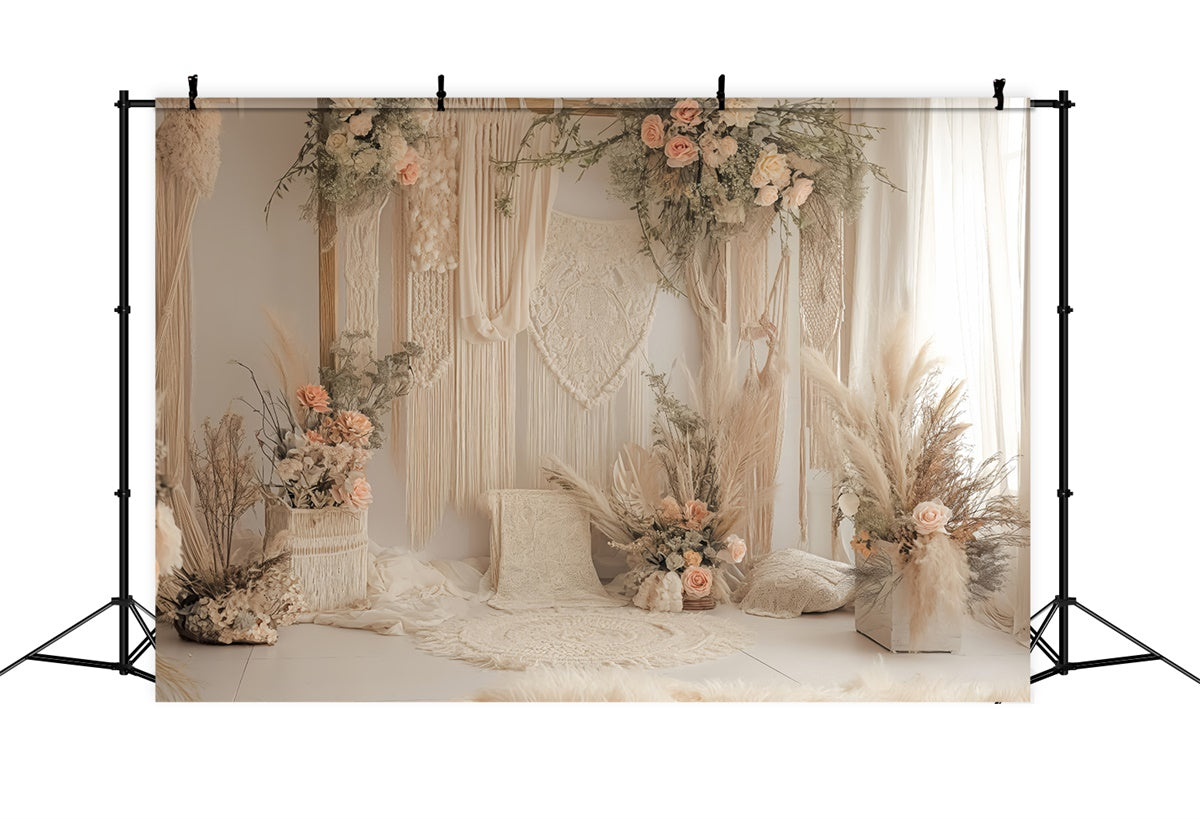 Boho Photo Backdrop Dreamy Macrame Pink Roses Backdrop UK GQ2-21