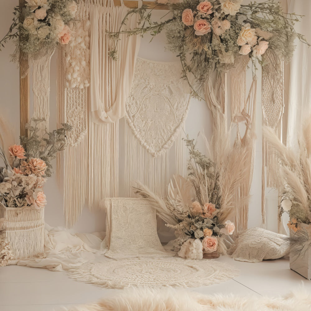 Boho Photo Backdrop Dreamy Macrame Pink Roses Backdrop UK GQ2-21