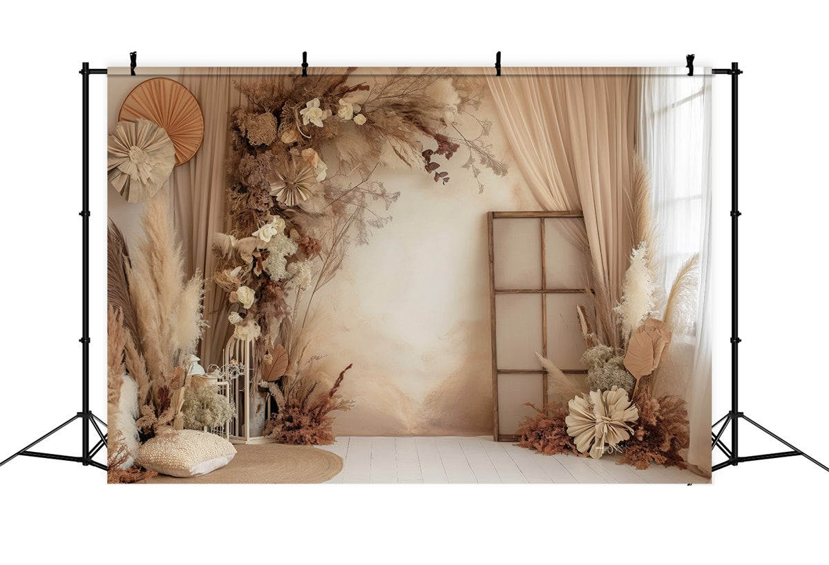 Boho Photo Backdrop Warm Beige Pampas Floral Backdrop UK GQ2-28