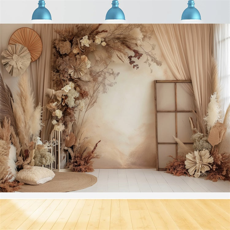 Boho Photo Backdrop Warm Beige Pampas Floral Backdrop UK GQ2-28