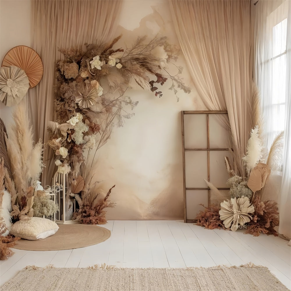 Boho Photo Backdrop Warm Beige Pampas Floral Backdrop UK GQ2-28