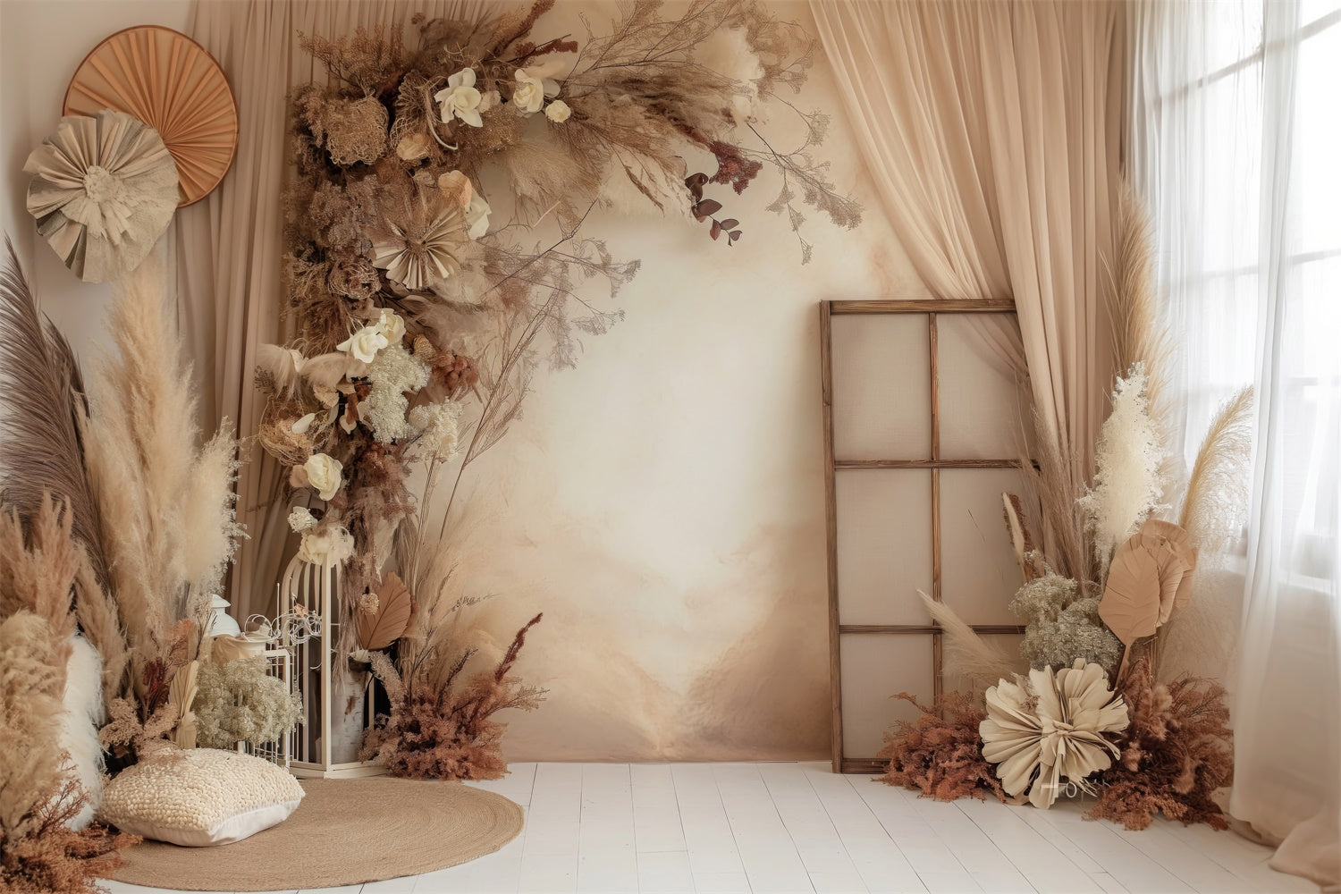 Boho Photo Backdrop Warm Beige Pampas Floral Backdrop UK GQ2-28