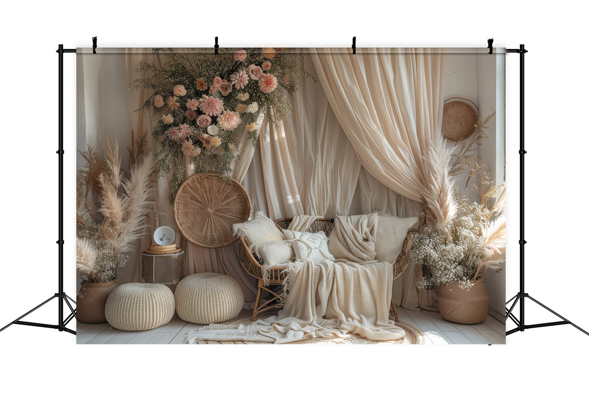 Boho Backdrop Warm Beige Macrame Dreamy Floral Backdrop UK GQ2-29