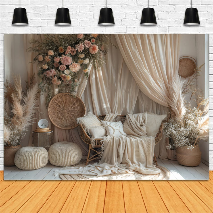 Boho Backdrop Warm Beige Macrame Dreamy Floral Backdrop UK GQ2-29