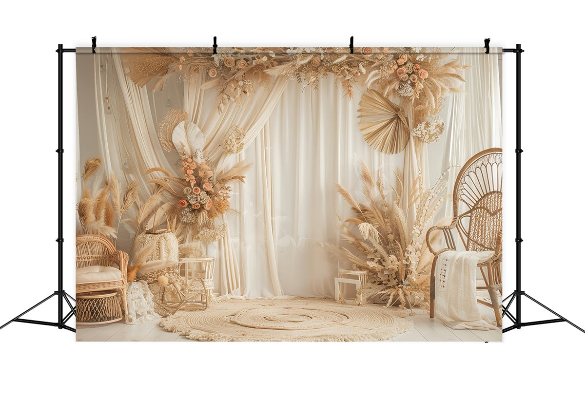 Boho Photo Backdrop Elegant Rattan Chair Floral Backdrop UK GQ2-38