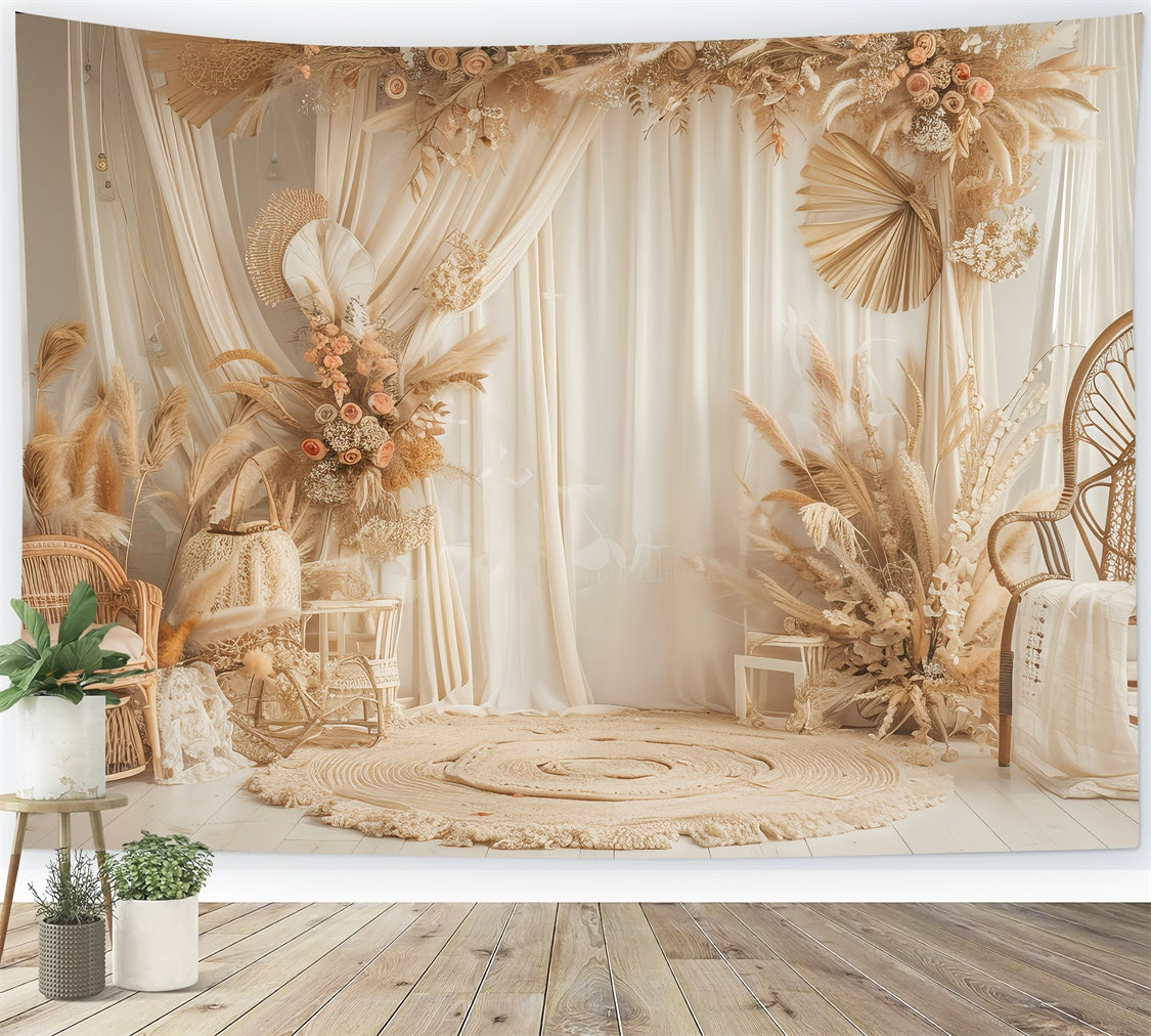 Boho Photo Backdrop Elegant Rattan Chair Floral Backdrop UK GQ2-38