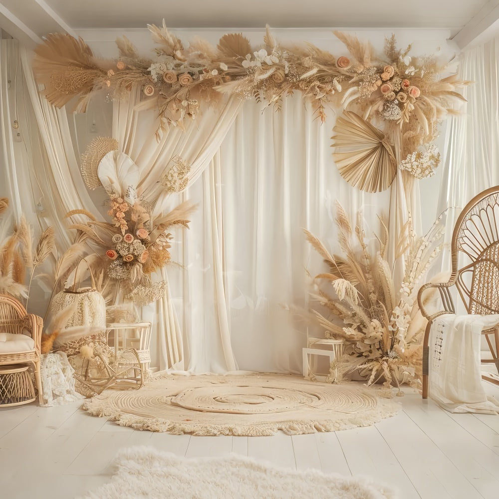 Boho Photo Backdrop Elegant Rattan Chair Floral Backdrop UK GQ2-38