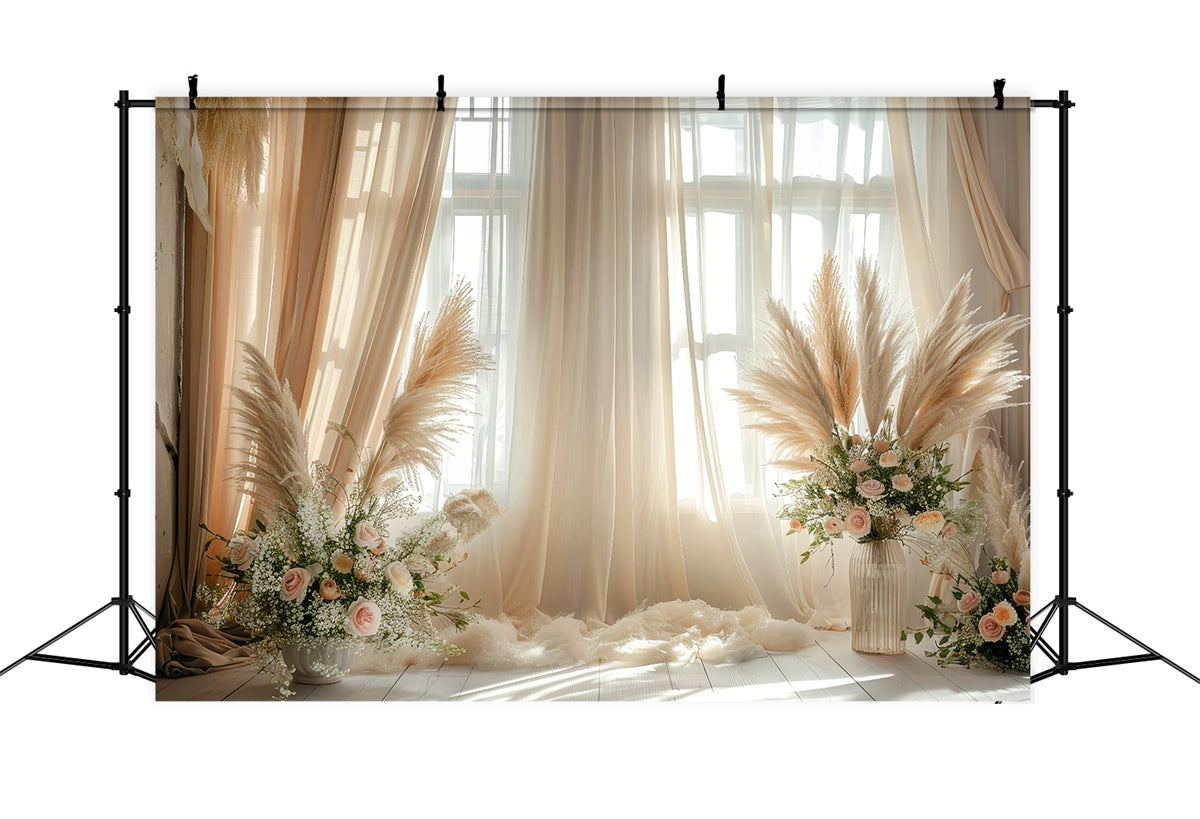 Boho Photo Backdrop Pampas Floral Accents Curtains Backdrop UK GQ2-43