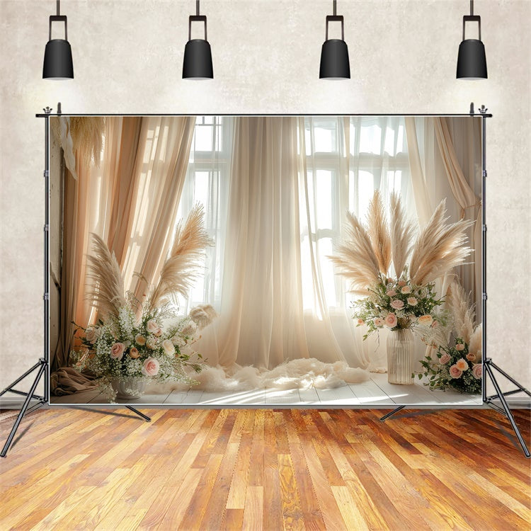 Boho Photo Backdrop Pampas Floral Accents Curtains Backdrop UK GQ2-43