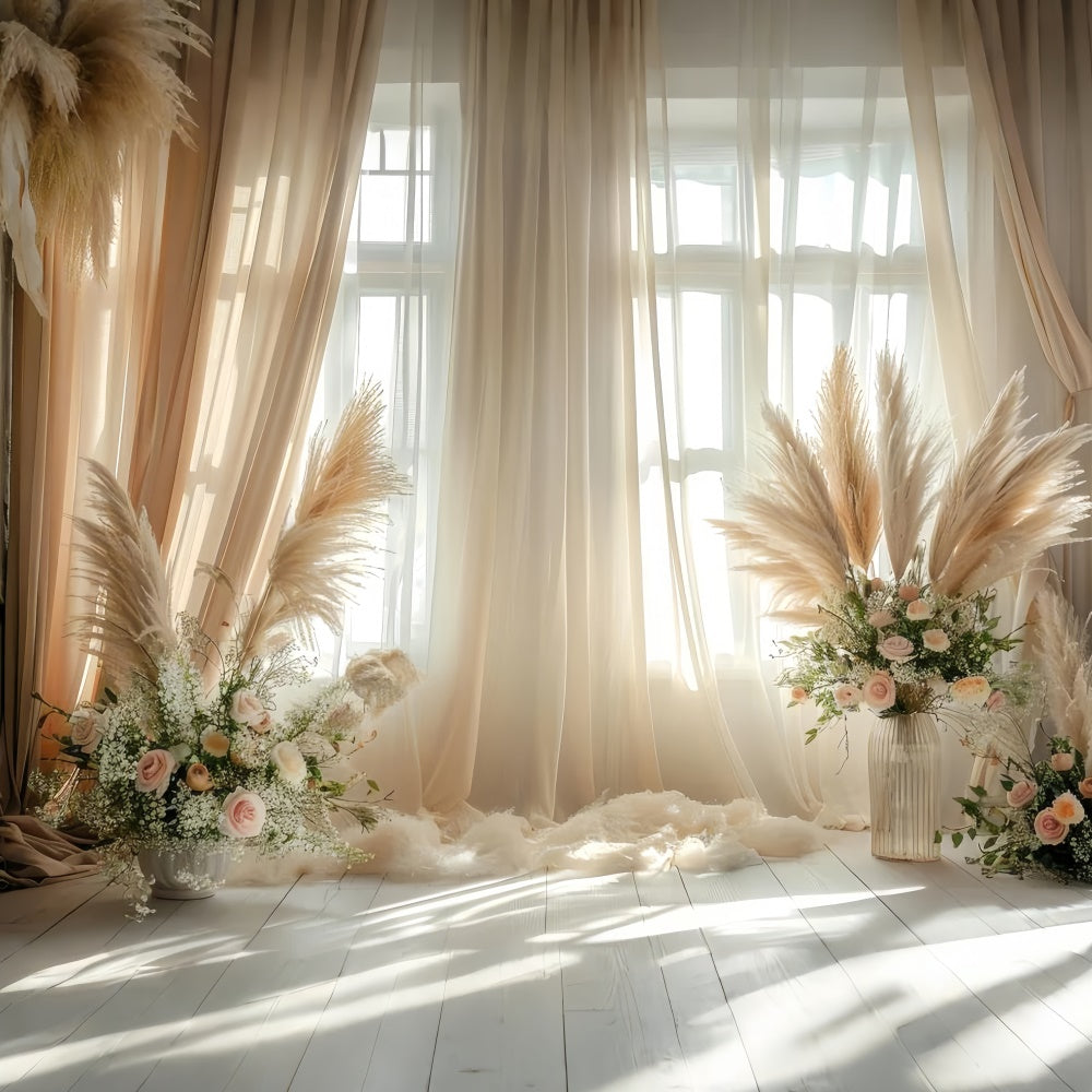 Boho Photo Backdrop Pampas Floral Accents Curtains Backdrop UK GQ2-43