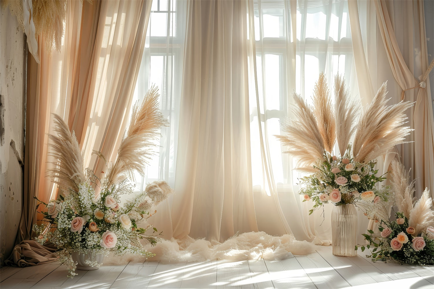 Boho Photo Backdrop Pampas Floral Accents Curtains Backdrop UK GQ2-43