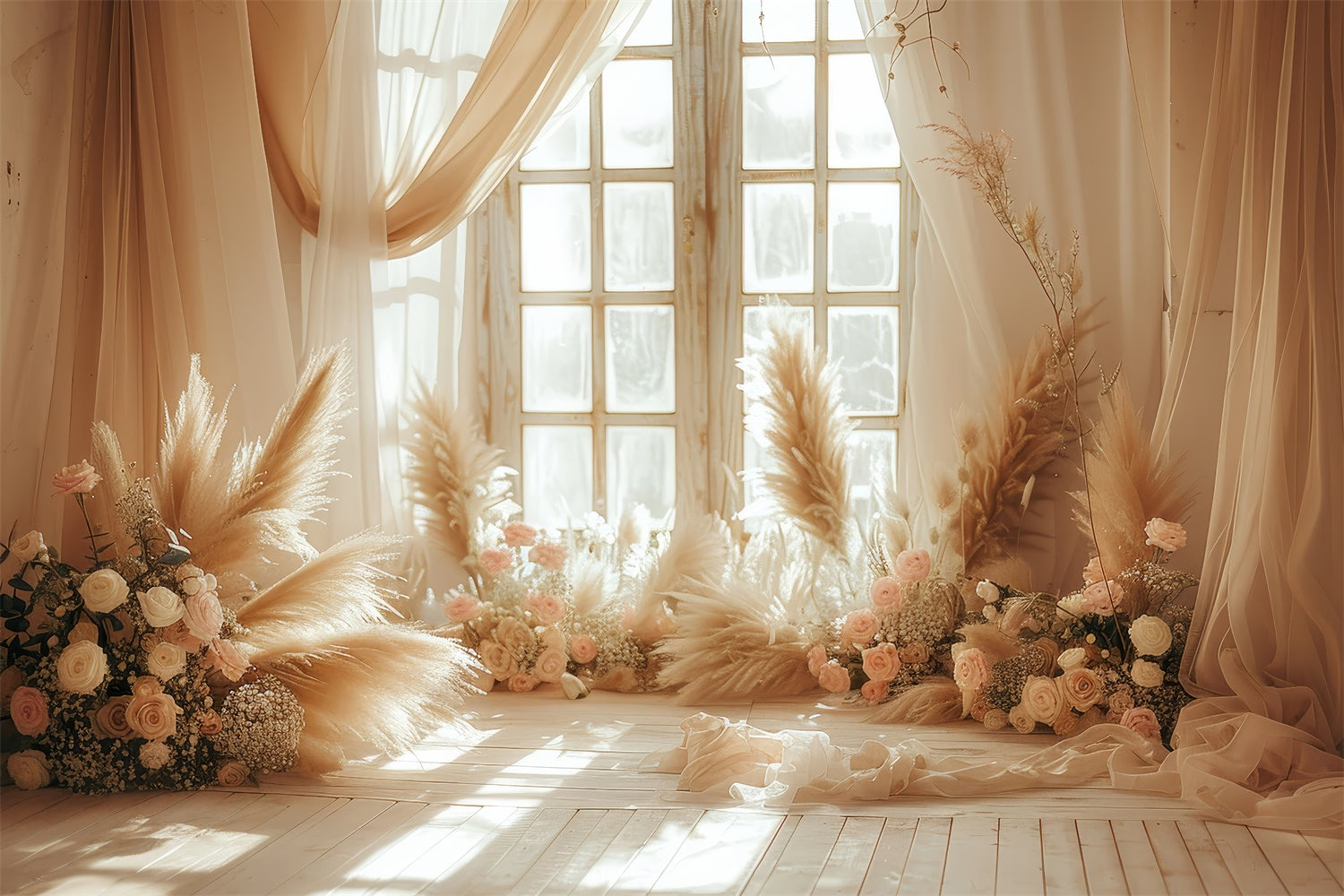 Boho Backdrops Blush Pampas Floral Window Photography Backdrop UK GQ2-44