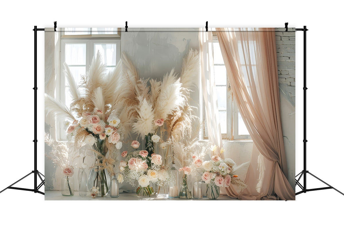 Boho Backdrop Ideas Floral Pampas Curtain Window Backdrop UK GQ2-45