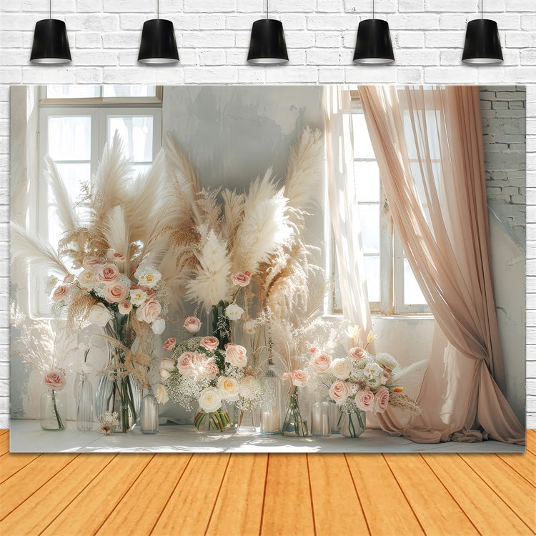 Boho Backdrop Ideas Floral Pampas Curtain Window Backdrop UK GQ2-45