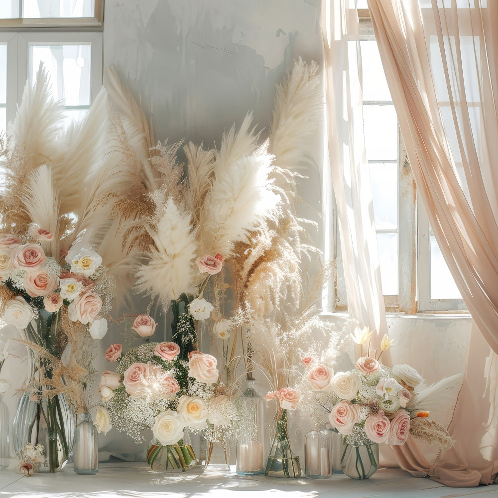 Boho Backdrop Ideas Floral Pampas Curtain Window Backdrop UK GQ2-45