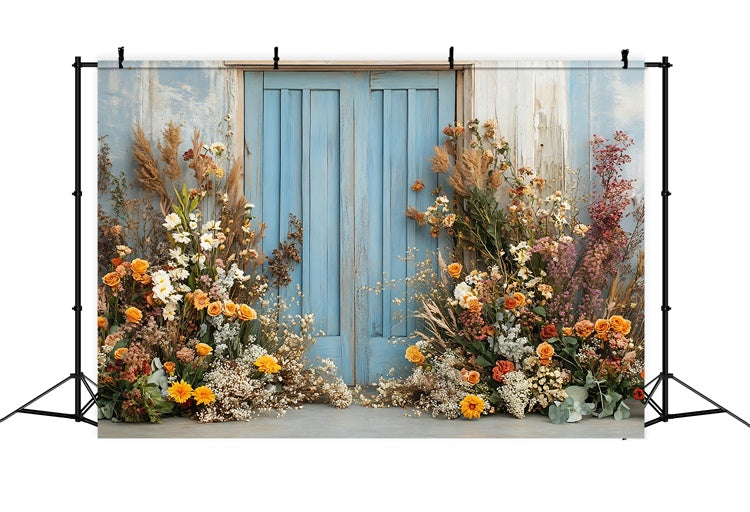 Boho Photography Backdrop Blue Door Flower Arrangement Backdrop UK GQ2-59