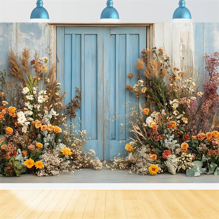 Boho Photography Backdrop Blue Door Flower Arrangement Backdrop UK GQ2-59