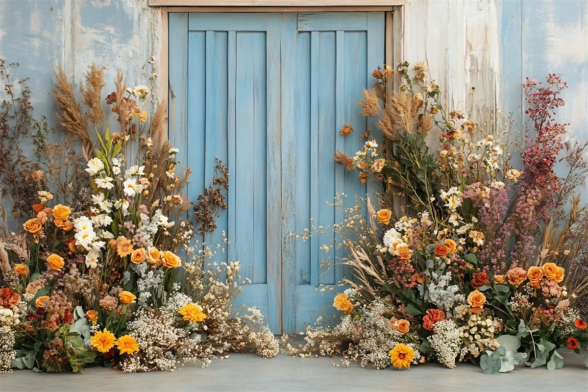 Boho Photography Backdrop Blue Door Flower Arrangement Backdrop UK GQ2-59