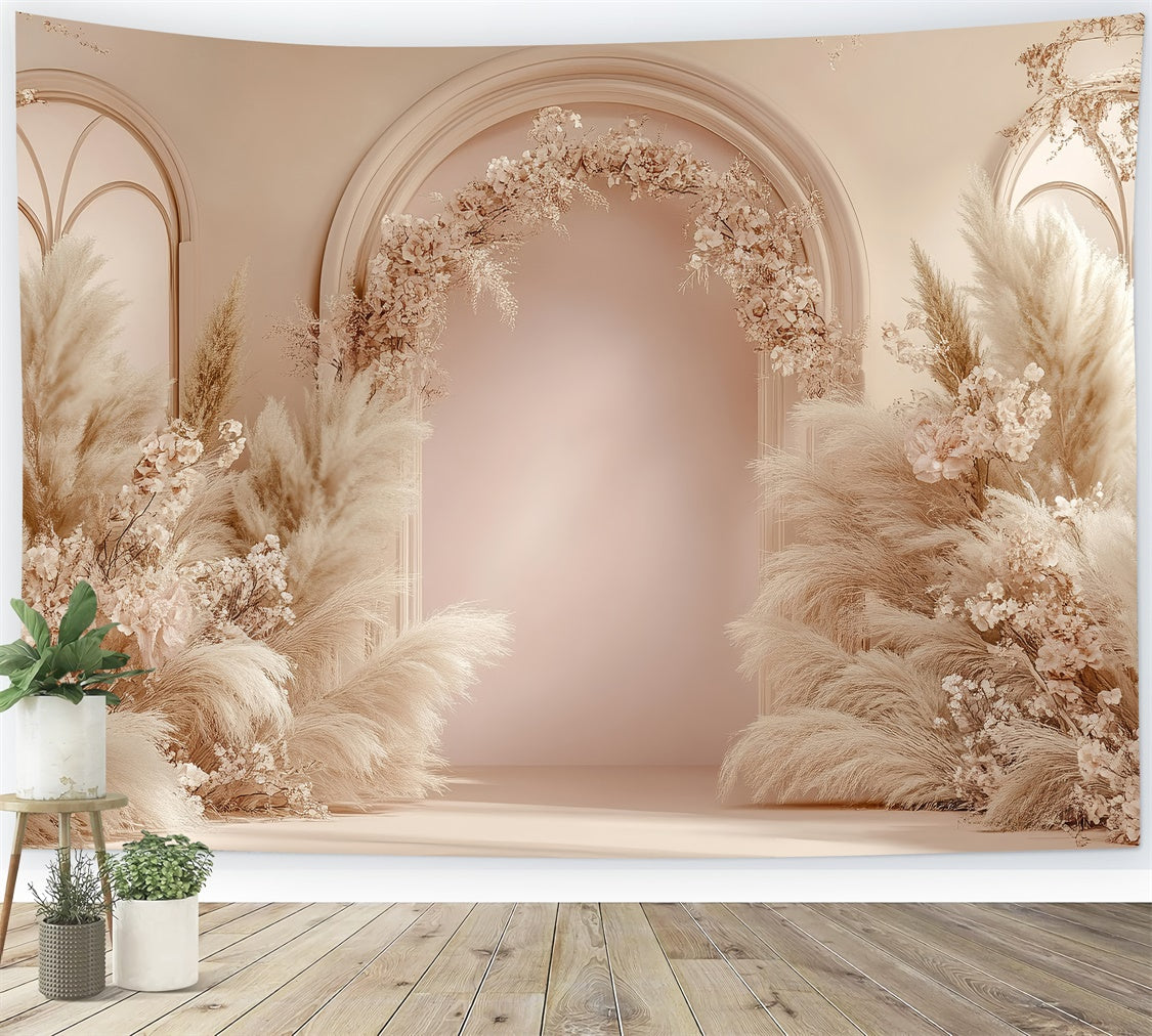 Boho Arch Backdrop Blush Floral Pampas Arrangement Backdrop UK GQ2-61