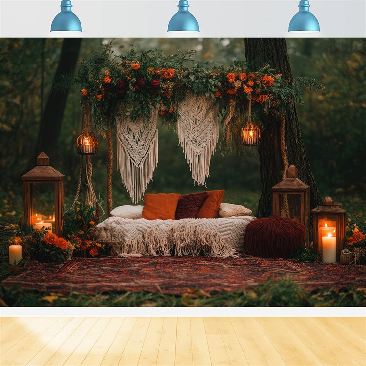 Boho Photography Backdrop Forest Retreat Macrame Lanterns Backdrop UK GQ2-71