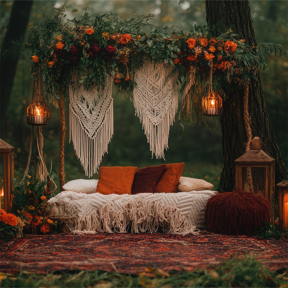 Boho Photography Backdrop Forest Retreat Macrame Lanterns Backdrop UK GQ2-71