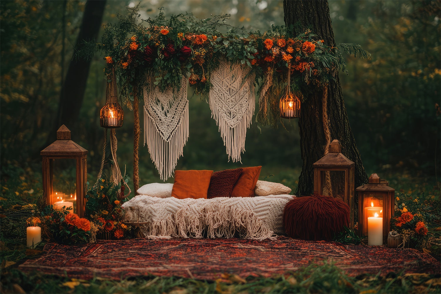 Boho Photography Backdrop Forest Retreat Macrame Lanterns Backdrop UK GQ2-71