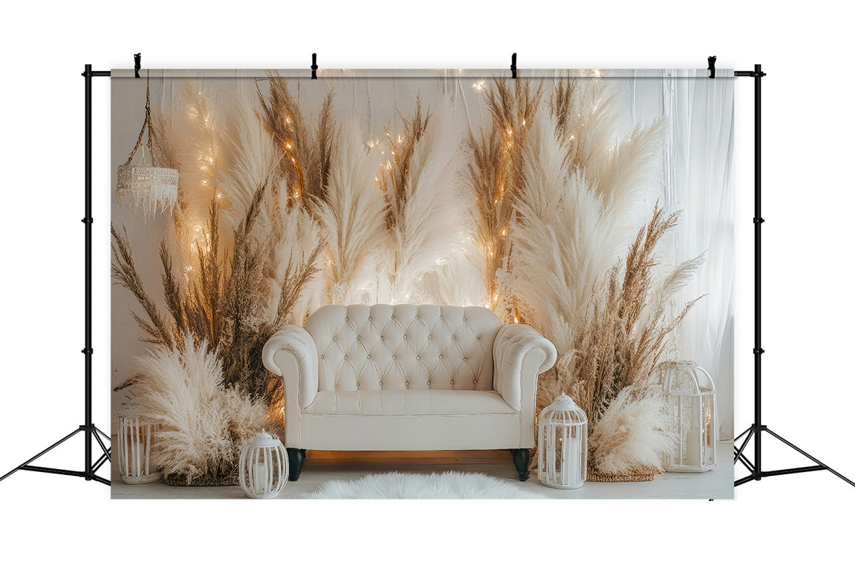 Boho Backdrops White Sofa Pampas Lights Backdrop UK GQ2-79