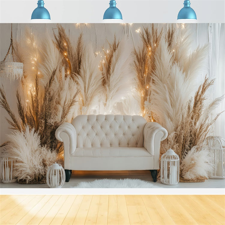 Boho Backdrops White Sofa Pampas Lights Backdrop UK GQ2-79