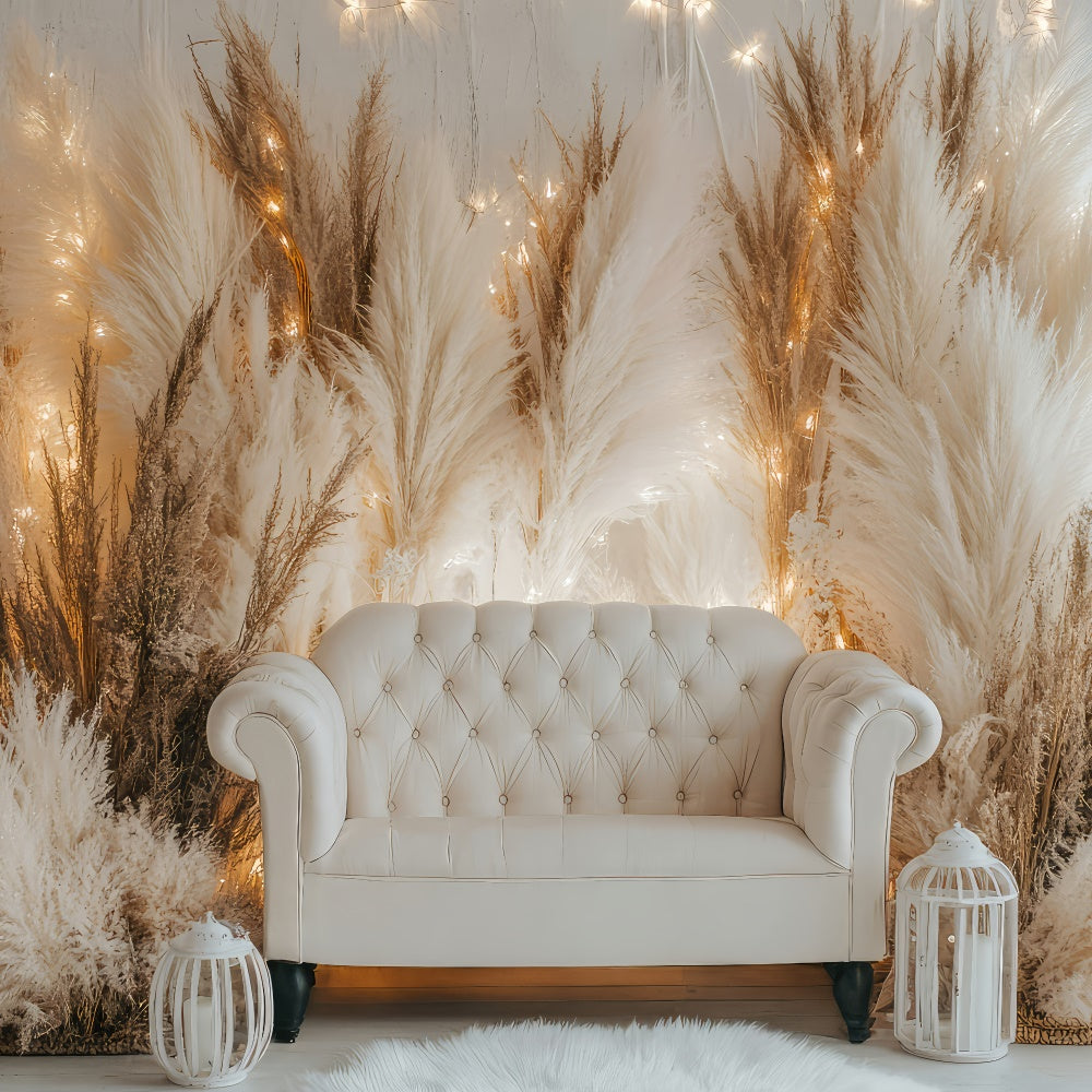 Boho Backdrops White Sofa Pampas Lights Backdrop UK GQ2-79