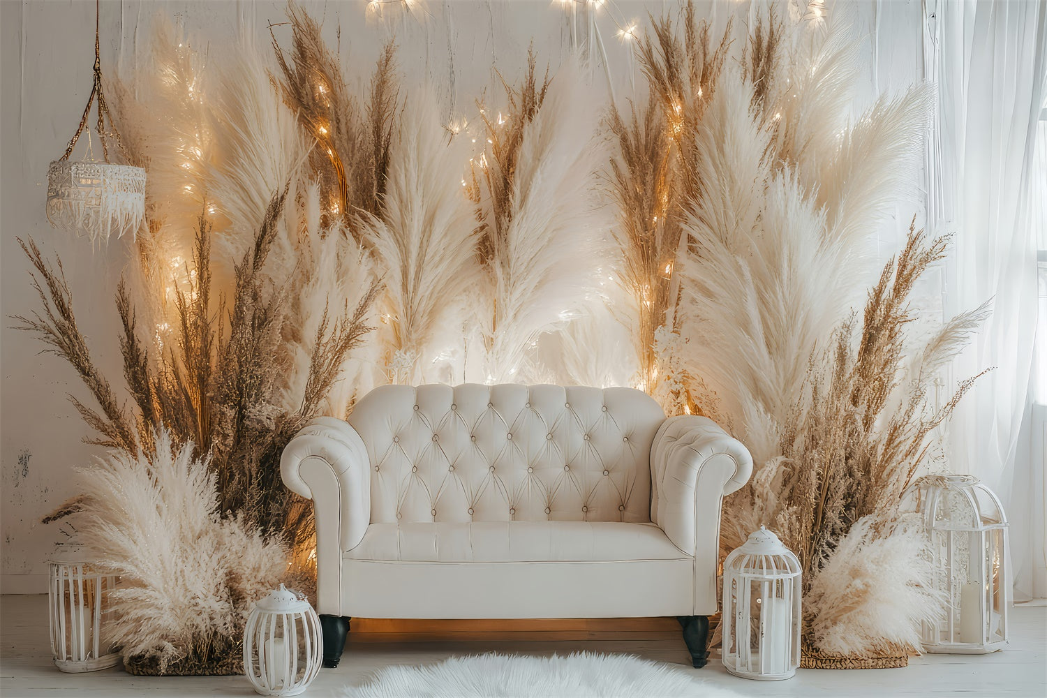 Boho Backdrops White Sofa Pampas Lights Backdrop UK GQ2-79