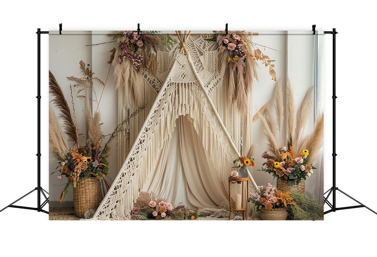 Boho Backdrop Ideas Soft Cream Teepee Floral Backdrop UK GQ2-8