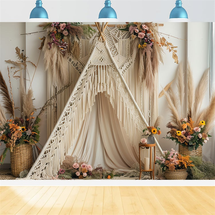 Boho Backdrop Ideas Soft Cream Teepee Floral Backdrop UK GQ2-8