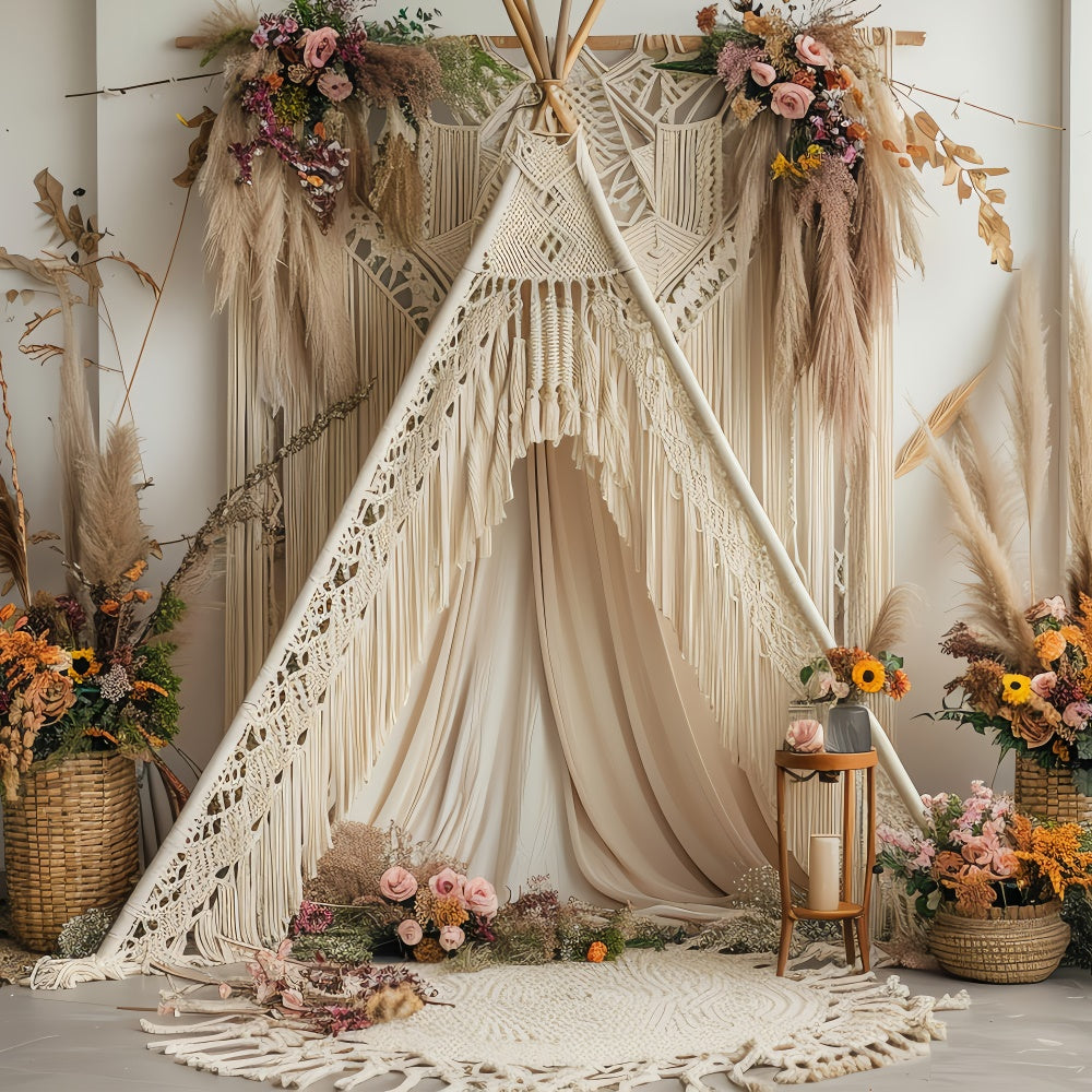 Boho Backdrop Ideas Soft Cream Teepee Floral Backdrop UK GQ2-8