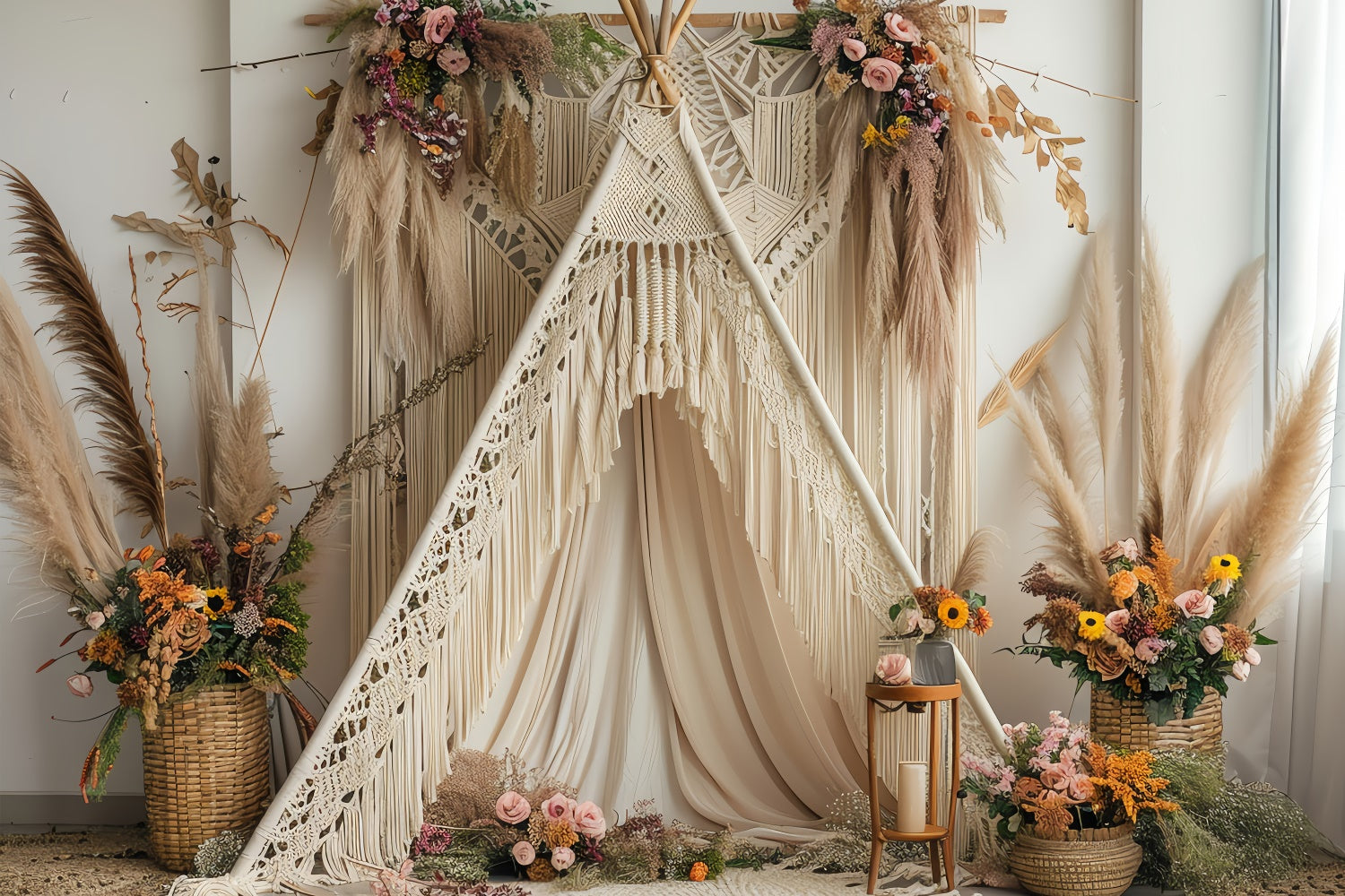 Boho Backdrop Ideas Soft Cream Teepee Floral Backdrop UK GQ2-8