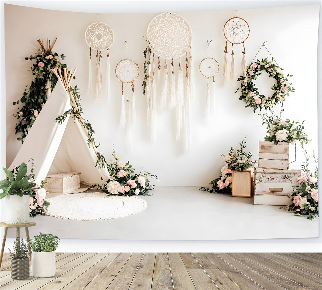 Boho Backdrop Teepee Dreamcatcher Floral Backdrop UK GQ2-81