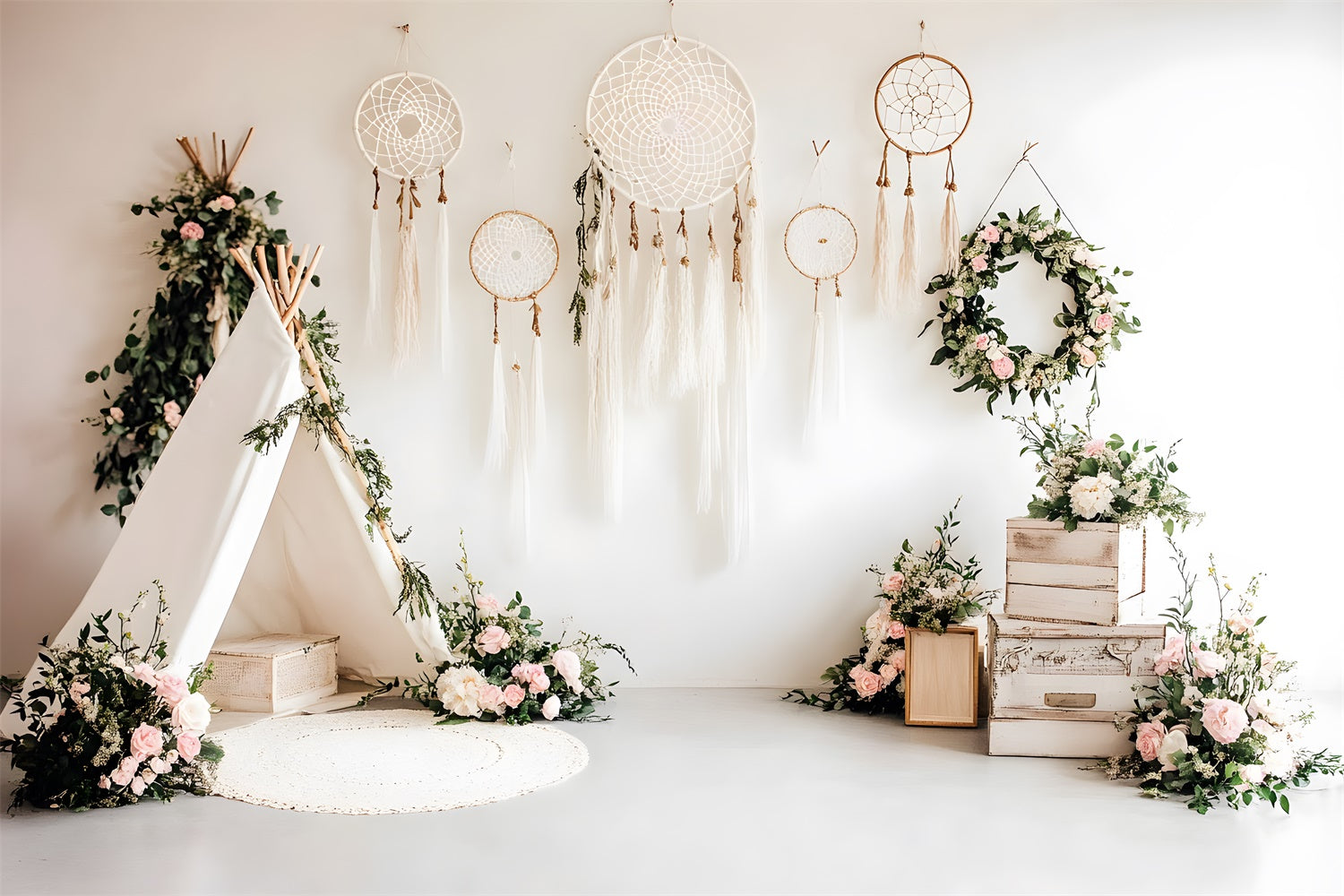 Boho Backdrop Teepee Dreamcatcher Floral Backdrop UK GQ2-81