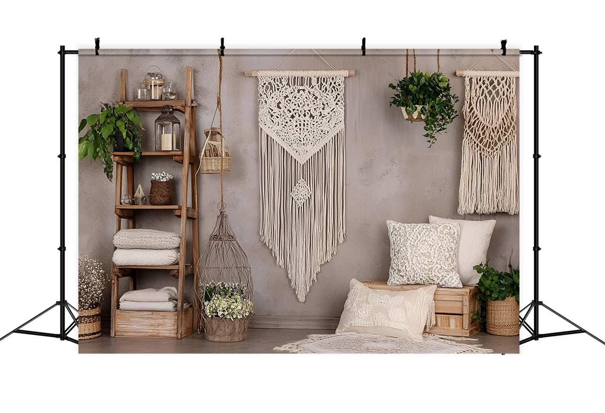 Boho Photography Backdrop Macrame Wall Green Plants Backdrop UK GQ2-83