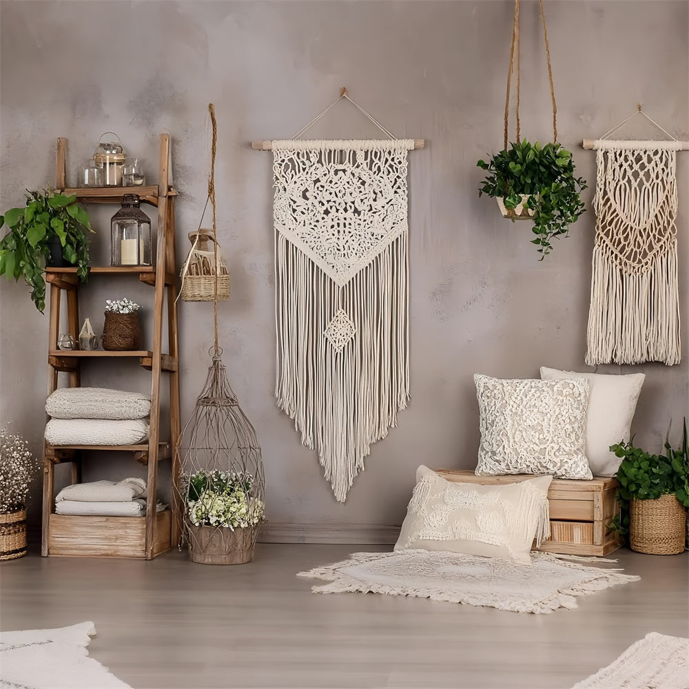 Boho Photography Backdrop Macrame Wall Green Plants Backdrop UK GQ2-83