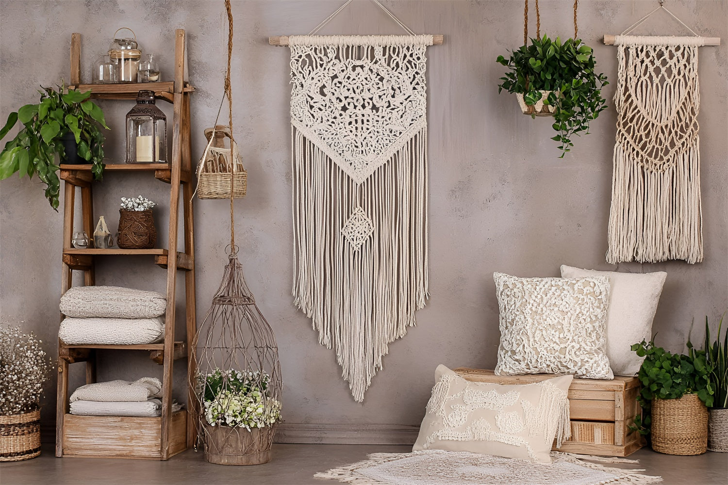 Boho Photography Backdrop Macrame Wall Green Plants Backdrop UK GQ2-83