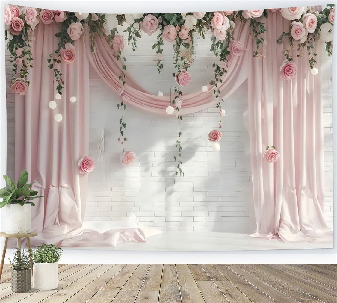 Backdrops For Mother's Day Pastel Pink Floral Curtain Backdrop UK GQ2-99