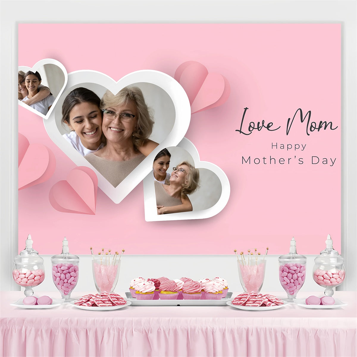 Backdrops For Mother's Day Heart Frame Pink Customized Backdrop UK GQ3-184